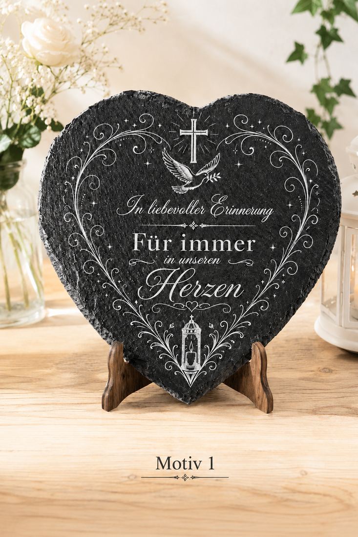 Gedenktafel Herz aus Schiefer mit Foto-Gravur – Grabschmuck