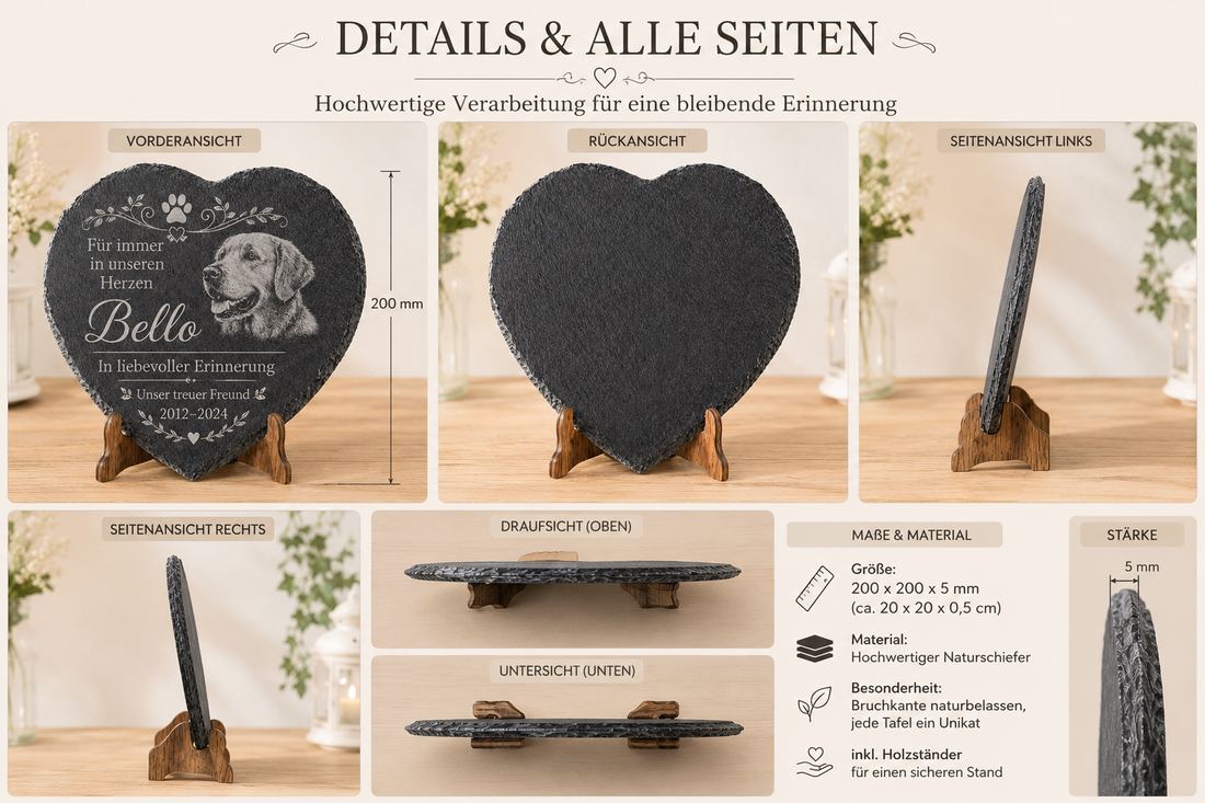 Gedenktafel Herz aus Schiefer für Haustiere – Foto-Gravur