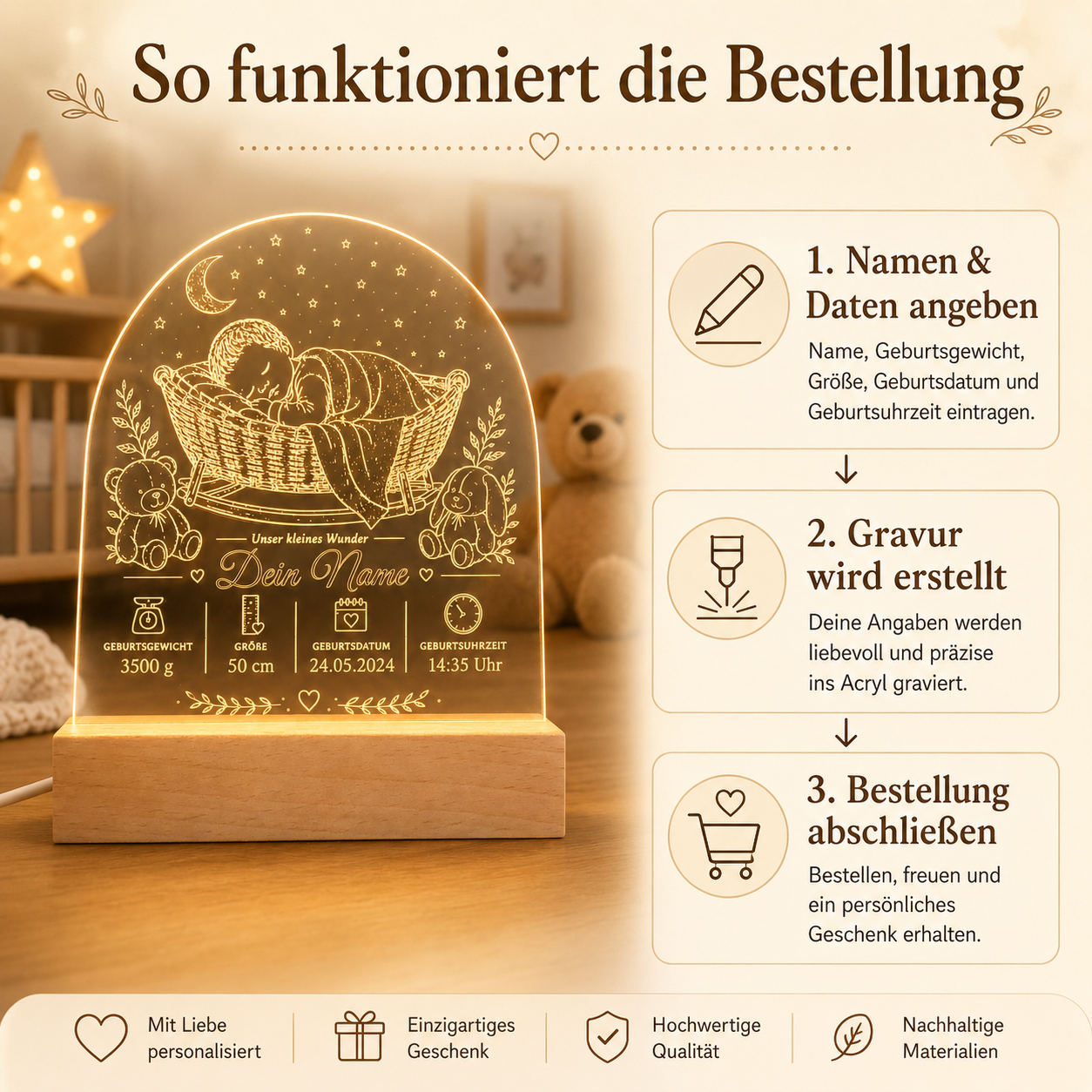 LED-Babylampe „Unser kleines Wunder“ mit Namen