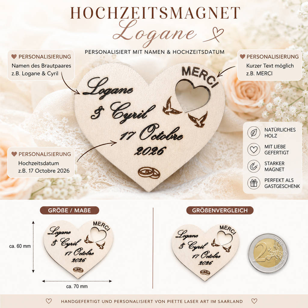 Aimant de réfrigérateur personnalisé pour mariage « Logan » – Cadeau invité en bois avec noms et date