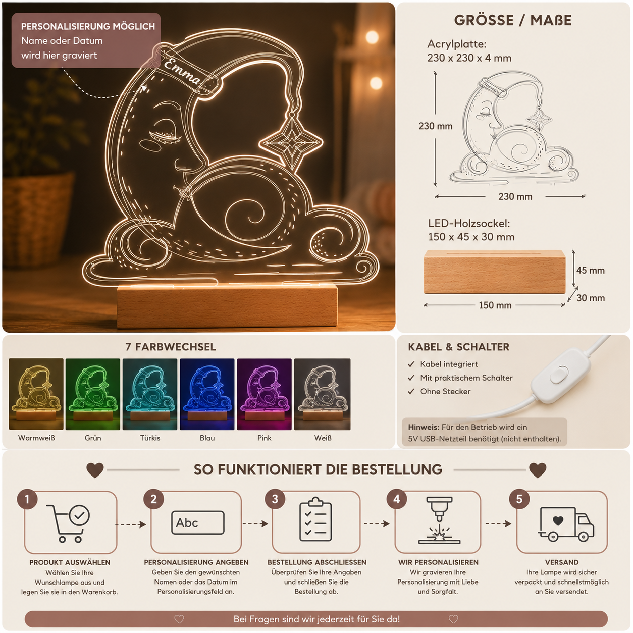 Personalized LED Acrylic Lamp "Sleeping Moon"