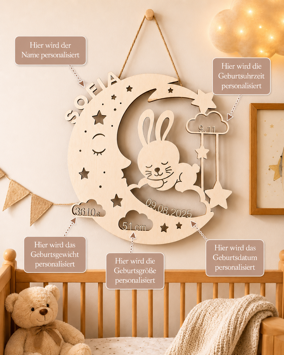 LED-Namenslampe Jasmin mit Hase & Mond