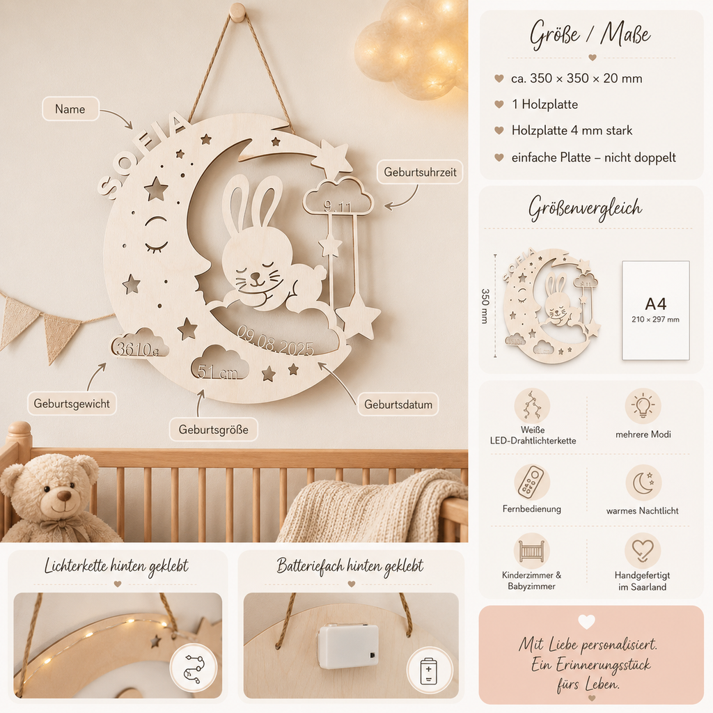 LED-Namenslampe Jasmin mit Hase & Mond