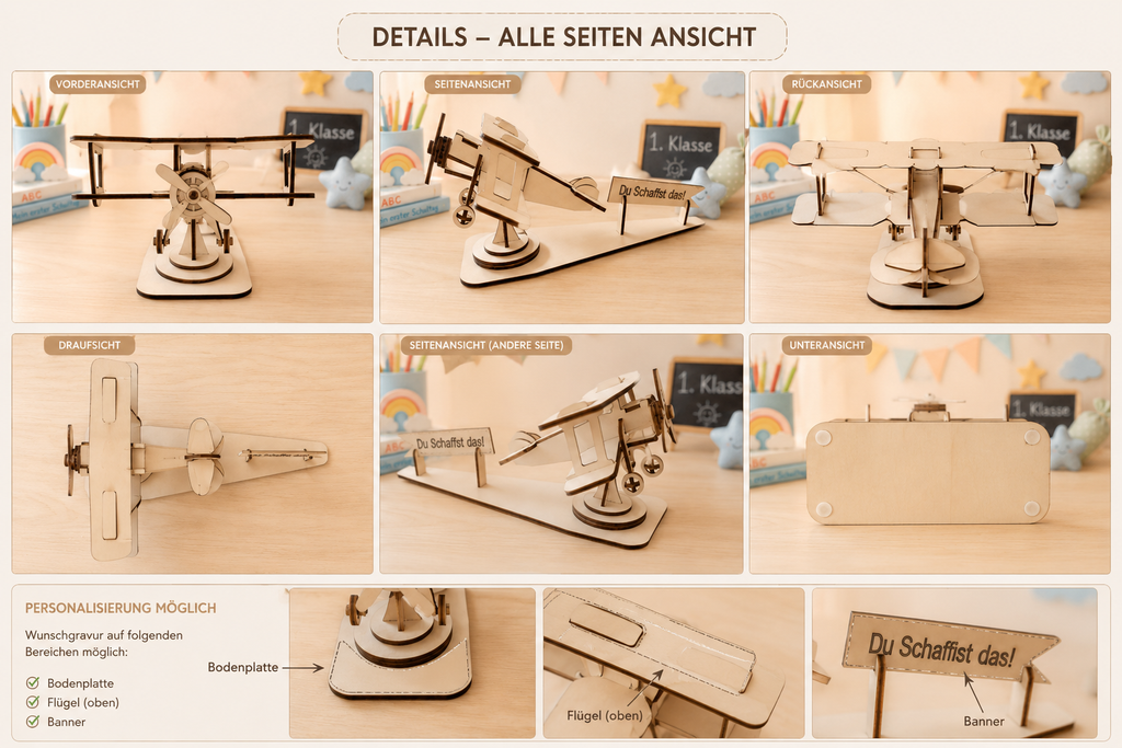 Personalisiertes Holz-Flugzeug als Mutmacher Geschenk zur Einschulung und zum ersten Schultag