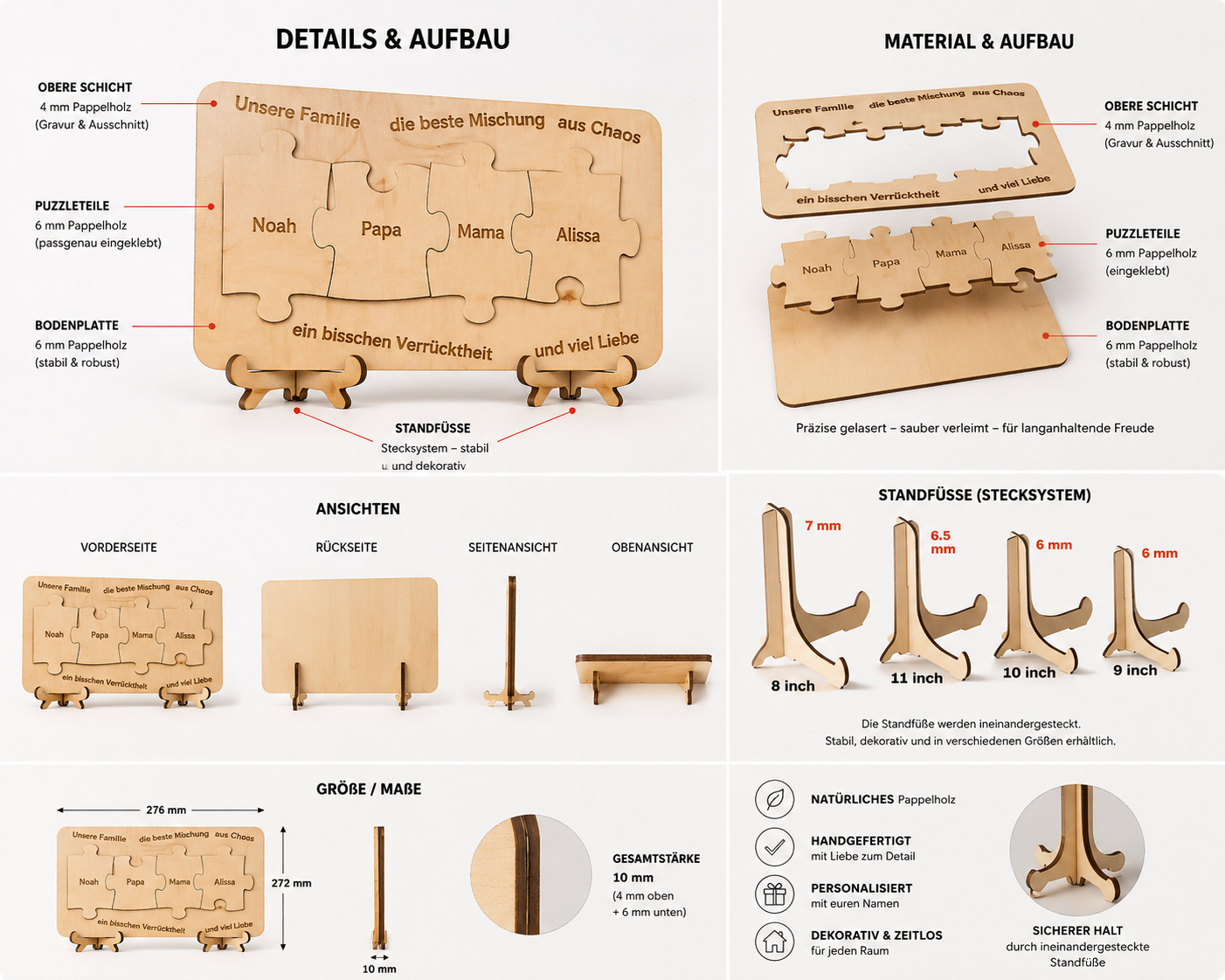 Übersichtsgrafik zum personalisierten Holz-Familienpuzzle mit Details zu Material und Aufbau. Gezeigt werden Vorder- und Rückseite, Seitenansicht, Maße, Schichtaufbau sowie Standfüße in verschiedenen Größen. Beschriftungen erklären Puzzleteile, Bodenplatte und Gravur.