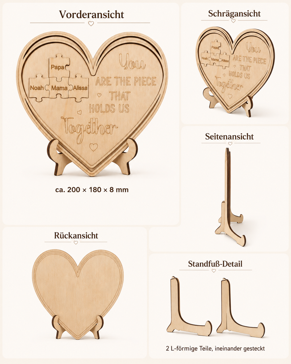 Ein herzförmiges Holzschild mit Puzzleteil-Ausschnitten, graviert mit den Namen Papa, Mama, Noah und Alissa sowie dem Text You ARE THE PIECE THAT HOLDS US Together. Das Schild misst ca. 200 x 180 x 8 mm.