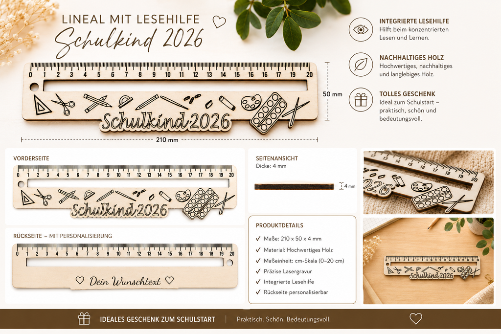Holz-Lineal mit Schere, Stiften, Farbpalette, Linealskala und Schriftzug „Schulkind 2026“ auf der Vorderseite.