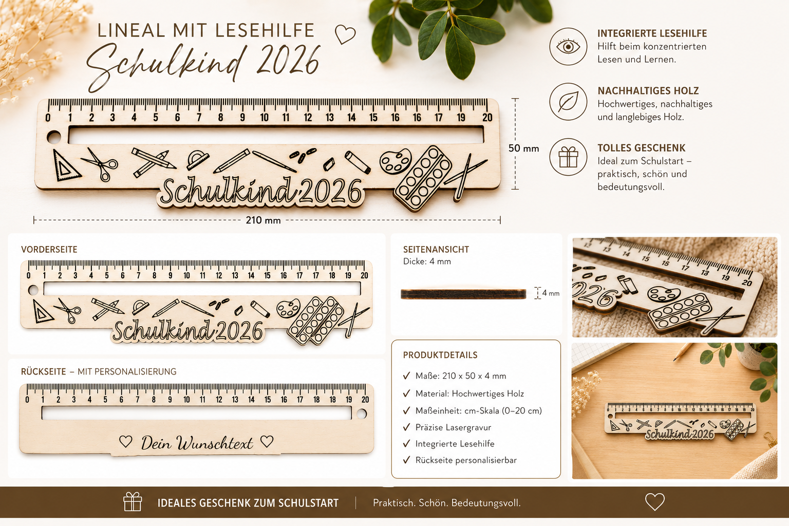 Holz-Lineal mit Schere, Stiften, Farbpalette, Linealskala und Schriftzug „Schulkind 2026“ auf der Vorderseite.