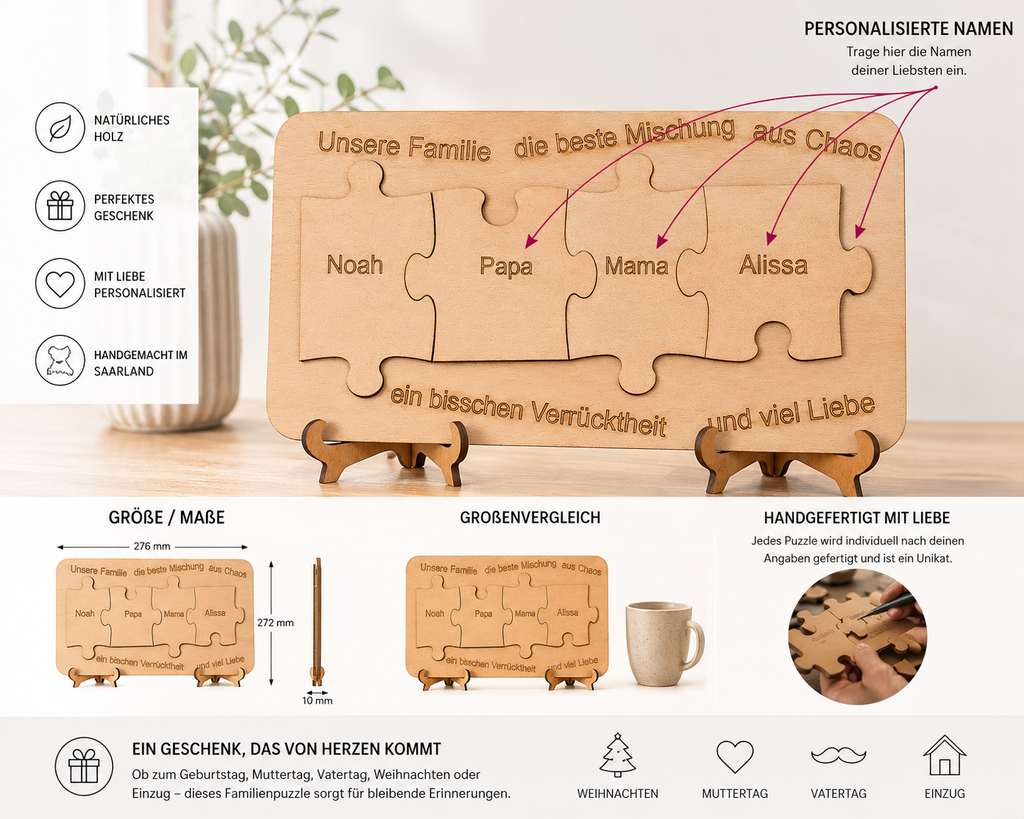  Ein rechteckiges Holzpuzzle mit vier ineinandergreifenden Puzzleteilen, graviert mit den Namen Noah, Papa, Mama und Alissa. Das Brett trägt den Text "Unsere Familie die beste Mischung aus Chaos ein bisschen Verrücktheit und viel Liebe" und misst 276 mm x 272 mm x 10 mm.