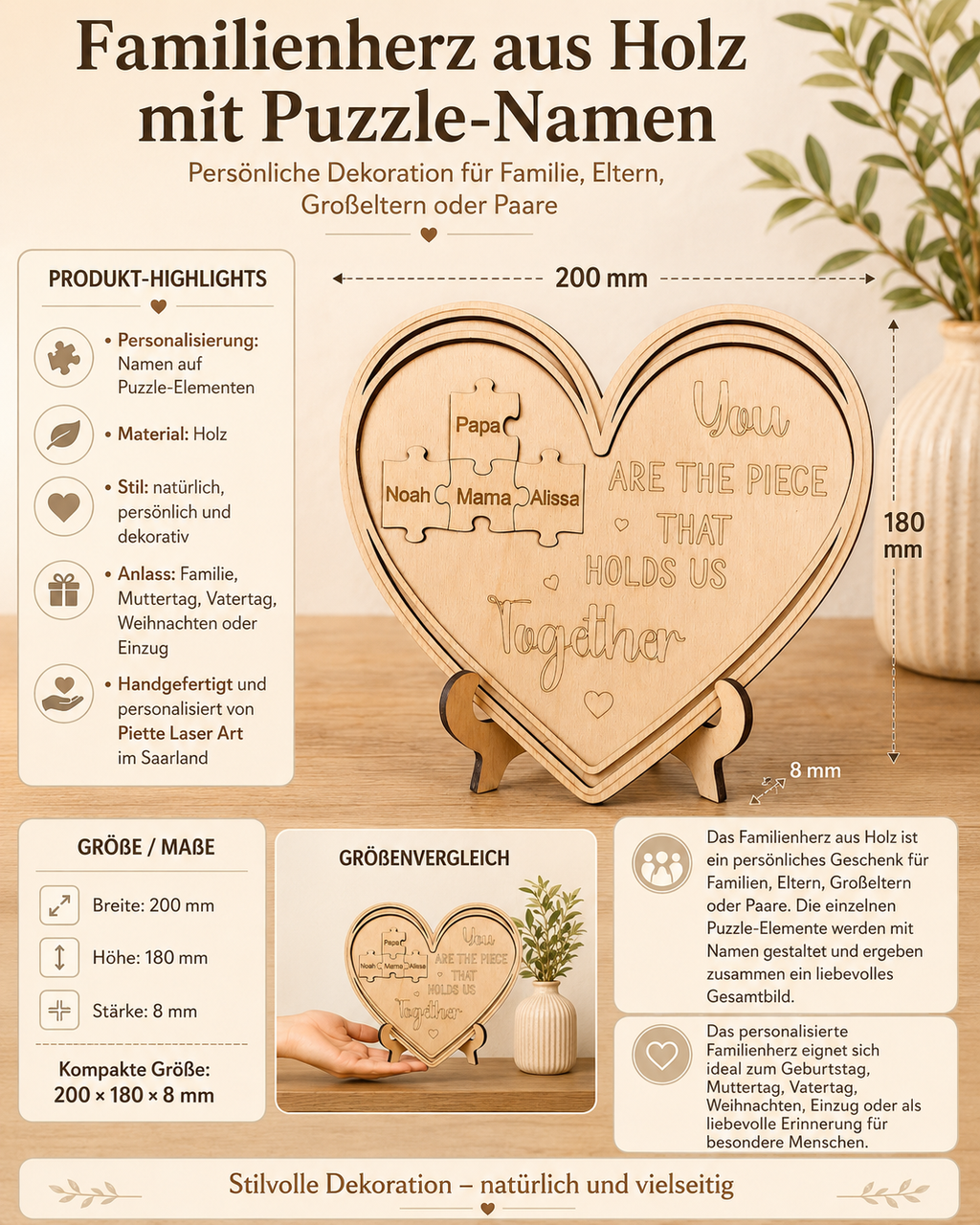 Herzförmige Holzdekoration mit gravierten Puzzle-Namen für Familie. Personalisiertes Familienherz mit Spruch „You are the piece that holds us together“, inklusive Maße und Produktdetails – ideales Geschenk für Eltern, Großeltern oder Paare.