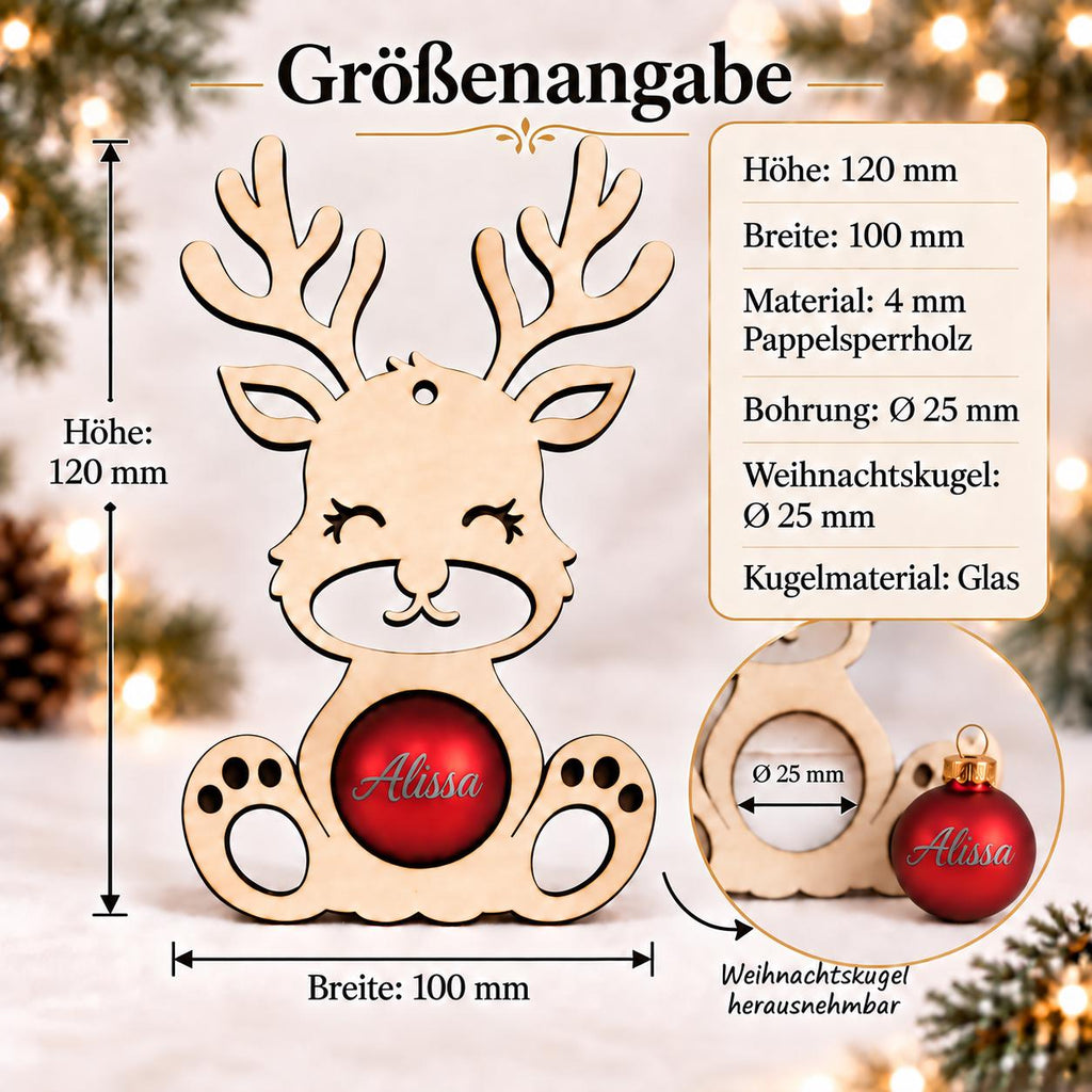 Rentier aus Holz mit personalisierter Weihnachtskugel