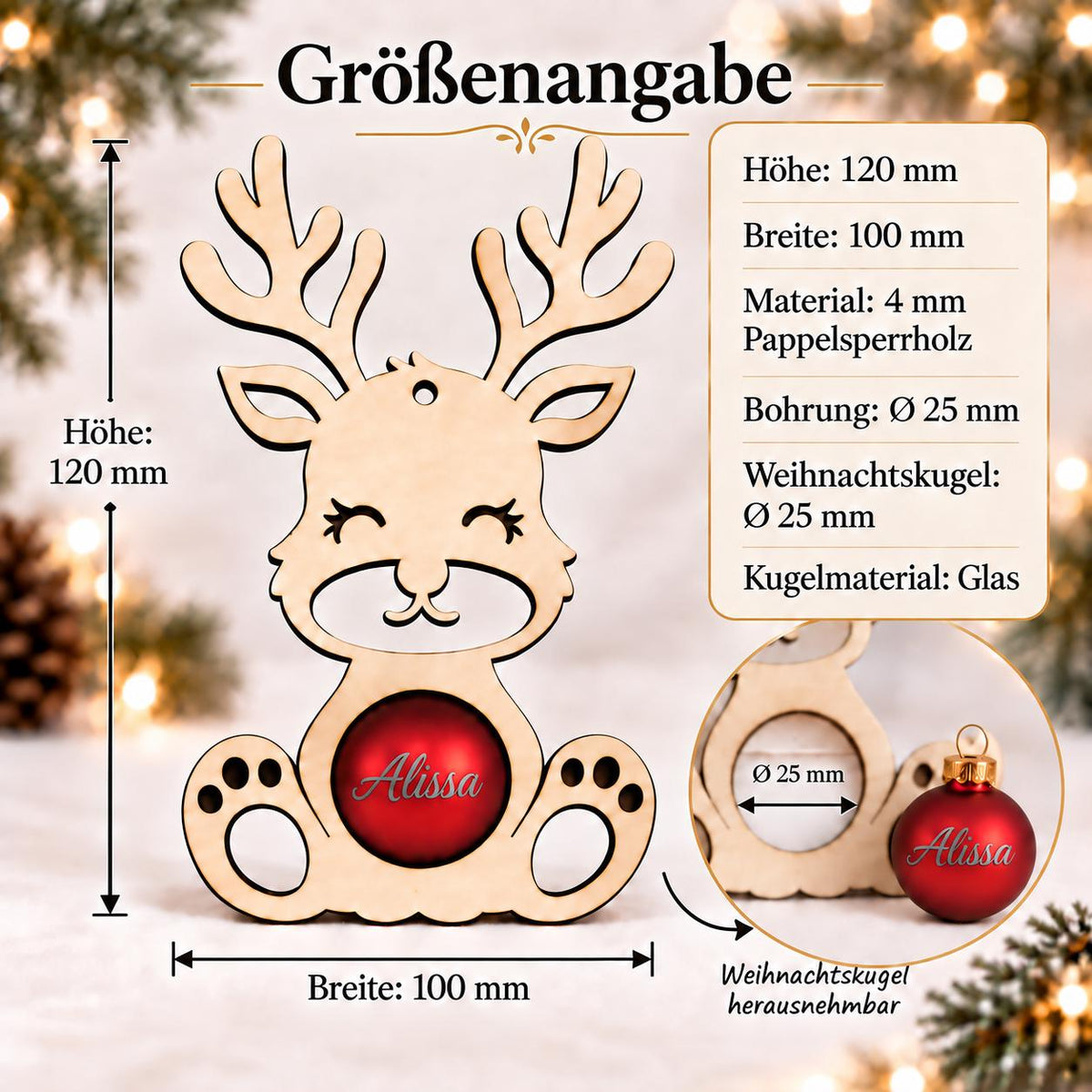 Rentier aus Holz mit personalisierter Weihnachtskugel