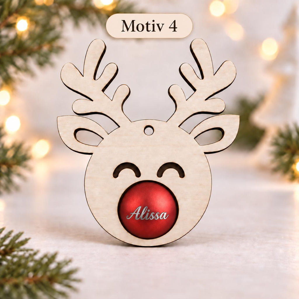 Rentier aus Holz mit personalisierter Weihnachtskugel