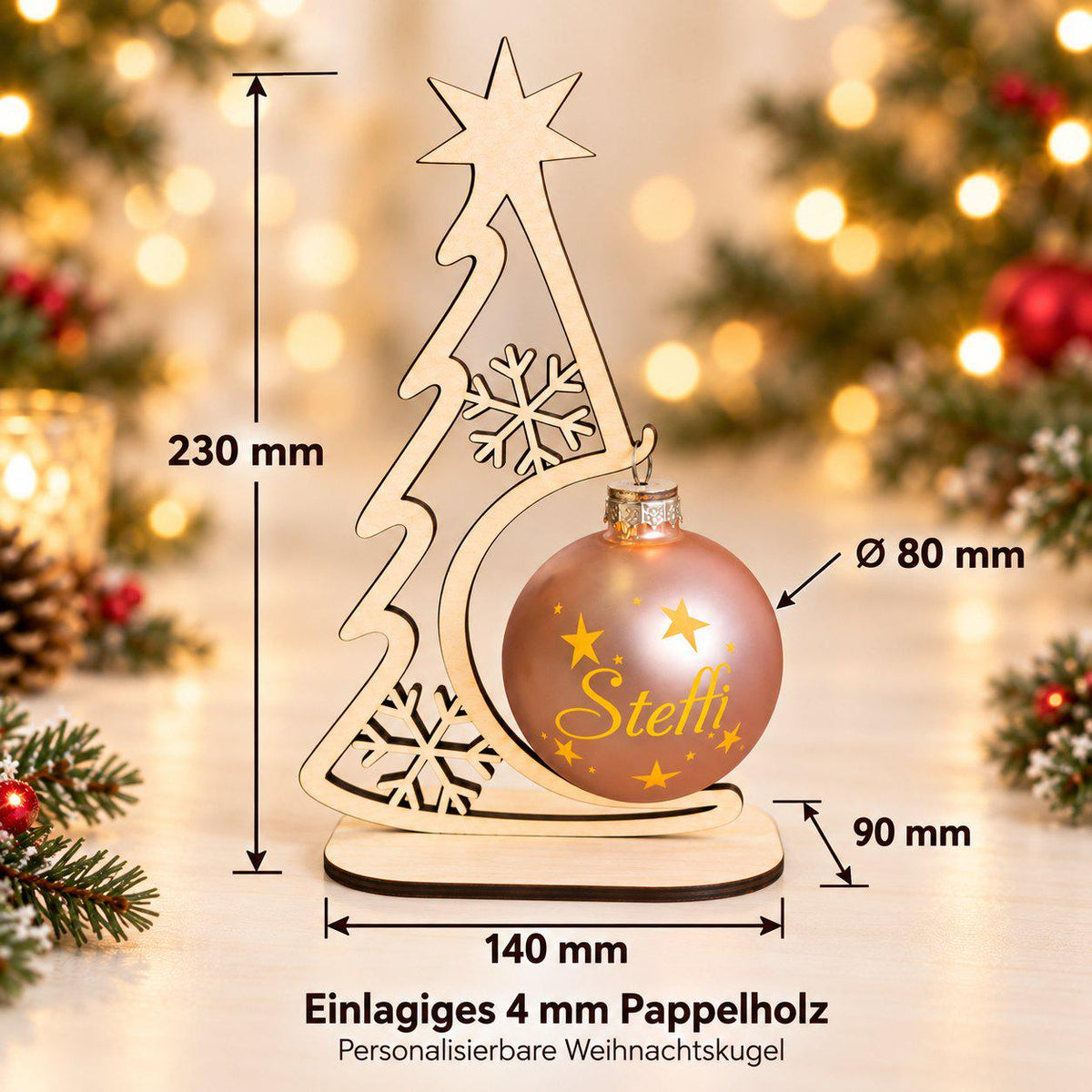 Weihnachtskugel 8 cm mit Licht und Holzständer, personalisiert