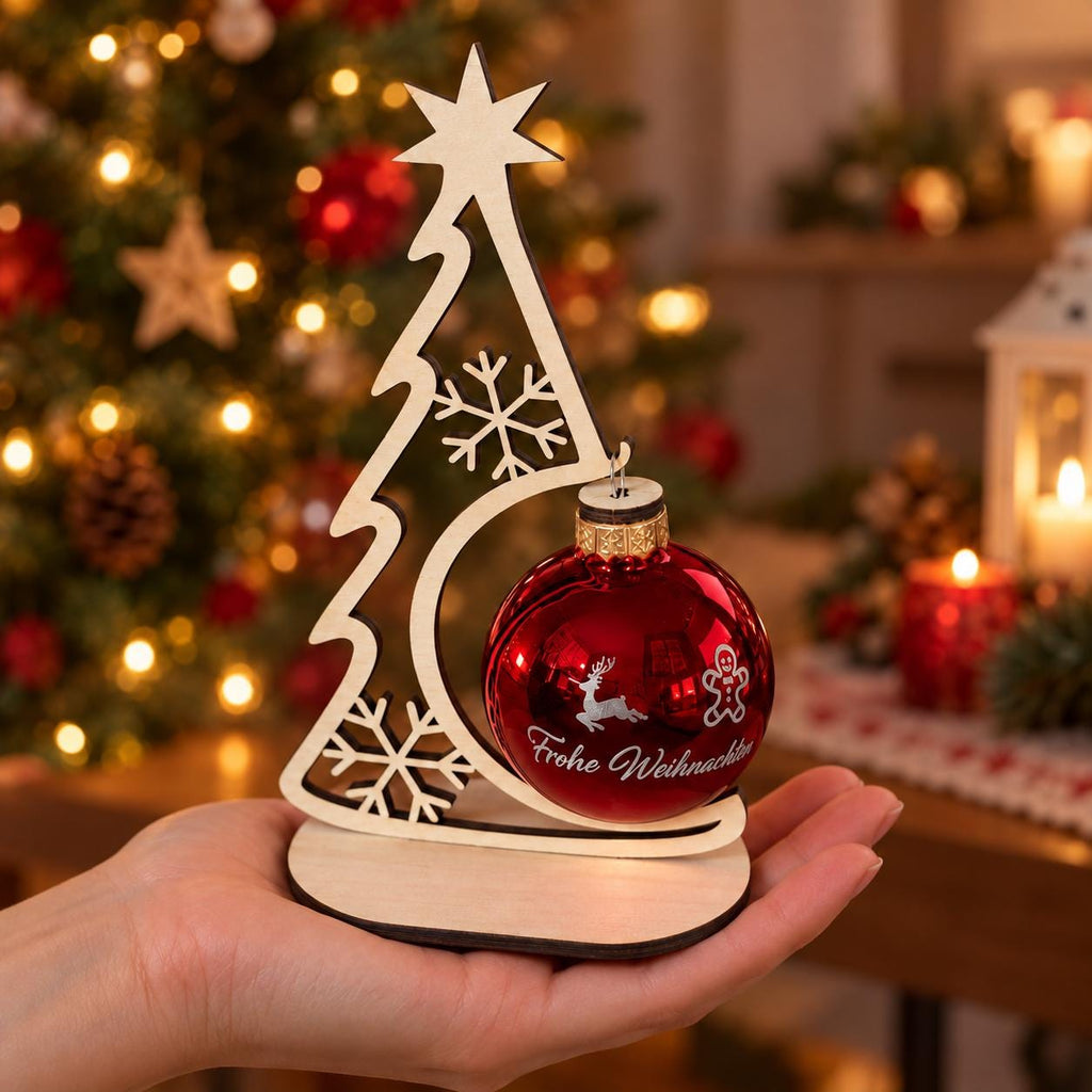 Beleuchtete Weihnachtskugel mit Wunschtext und Holzständer