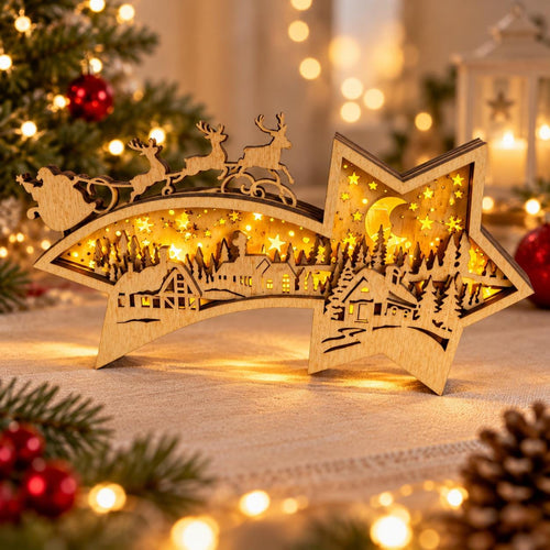 Beleuchteter Weihnachtsstern aus Holz – Sternschnuppe mit Winterdorf