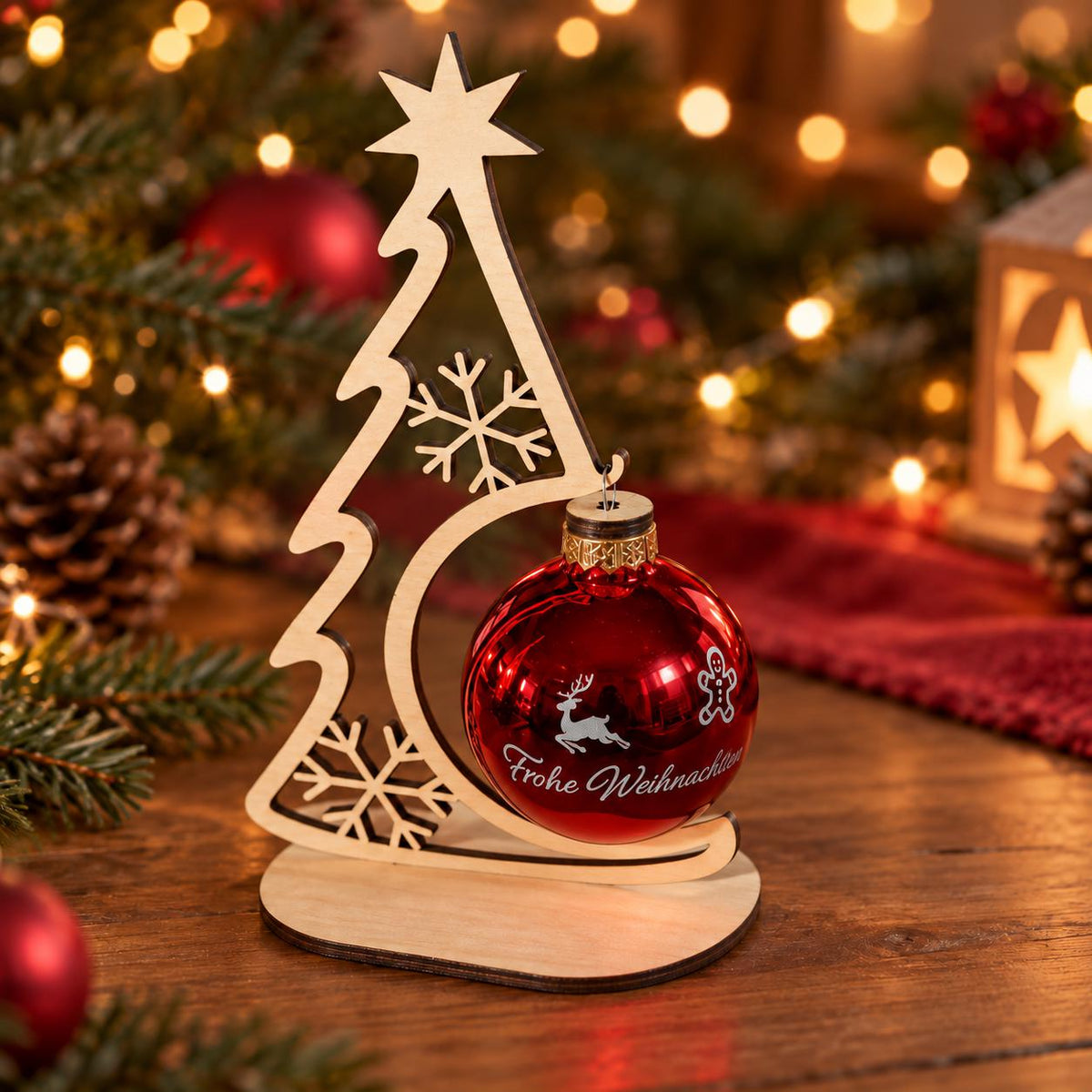 Beleuchtete Weihnachtskugel mit Wunschtext und Holzständer