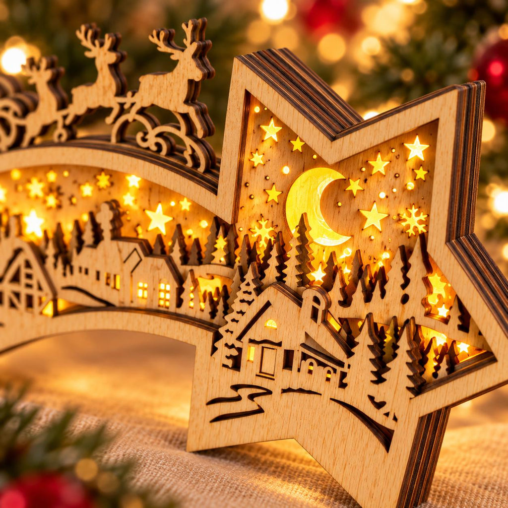Beleuchteter Weihnachtsstern aus Holz – Sternschnuppe mit Winterdorf