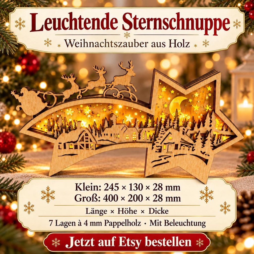 Beleuchteter Weihnachtsstern aus Holz – Sternschnuppe mit Winterdorf