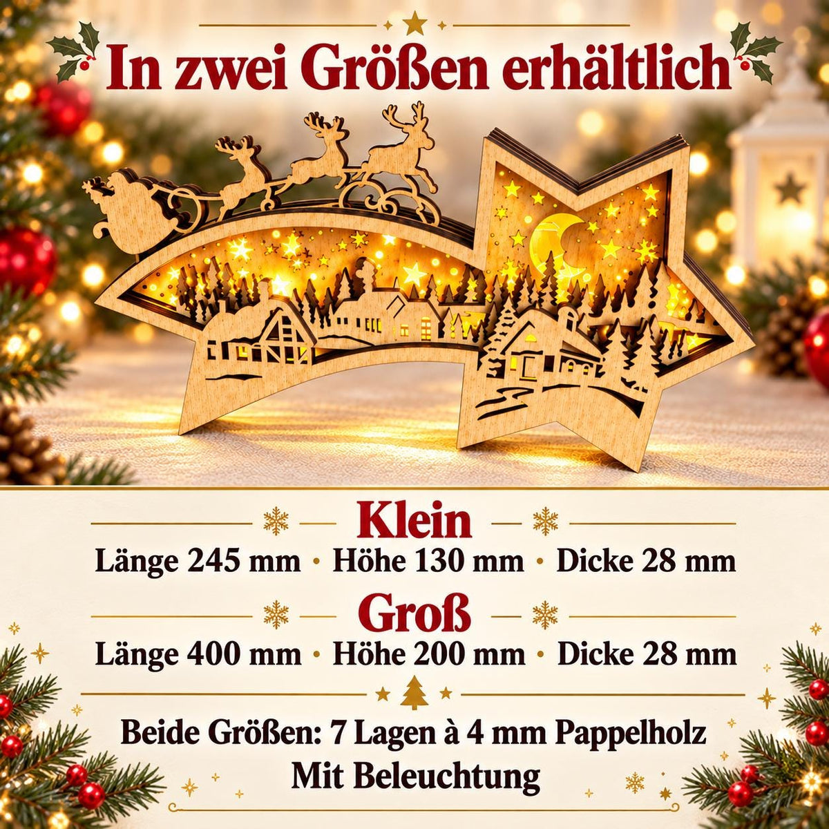 Beleuchteter Weihnachtsstern aus Holz – Sternschnuppe mit Winterdorf