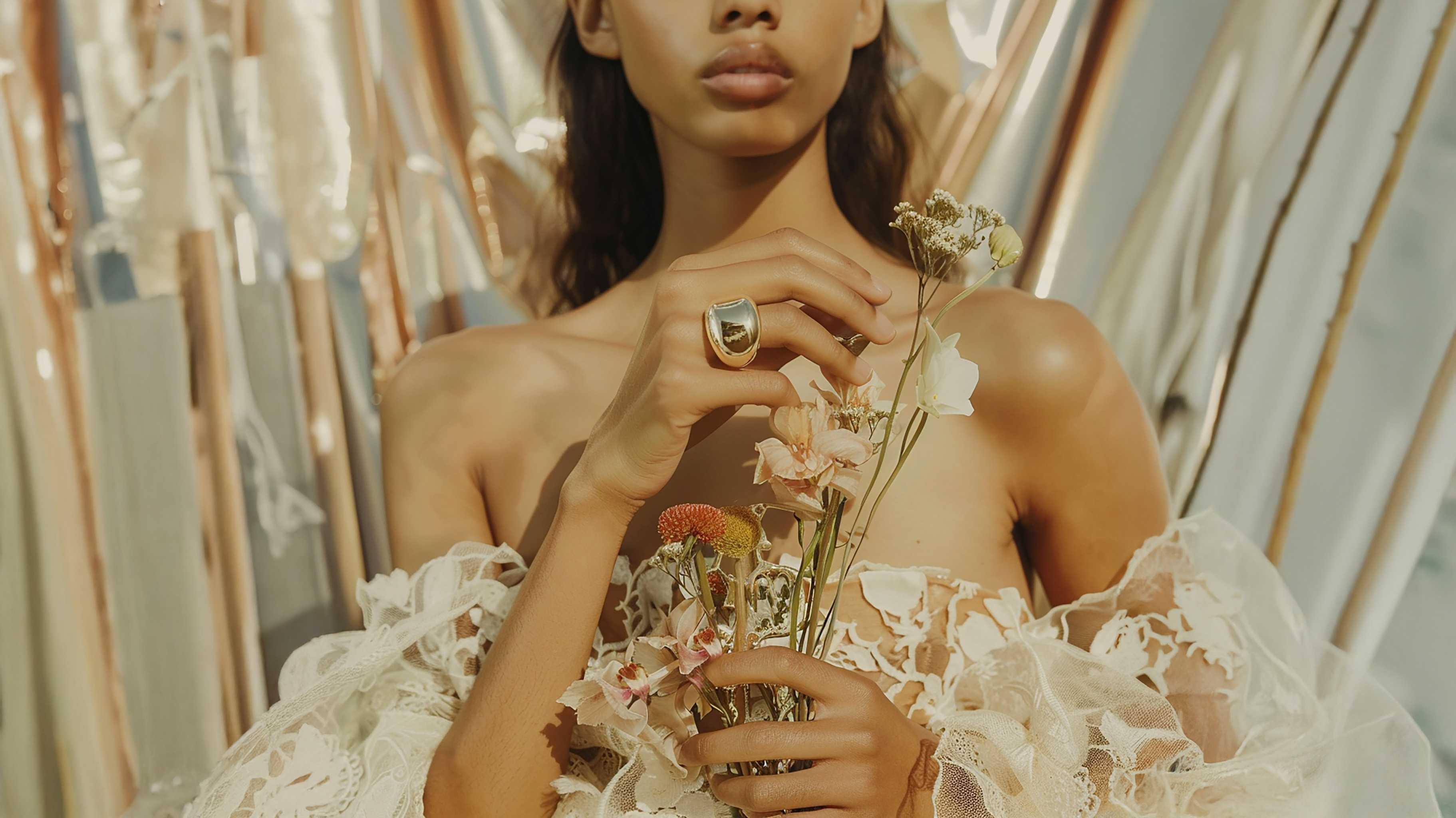 Frau in Spitzenkleid mit Blumenstrauß und auffälligem Ring, goldener Hintergrund