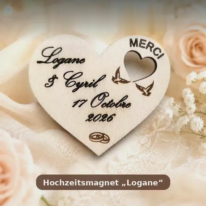 Aimant de réfrigérateur personnalisé pour mariage « Logan » – Cadeau invité en bois avec noms et date